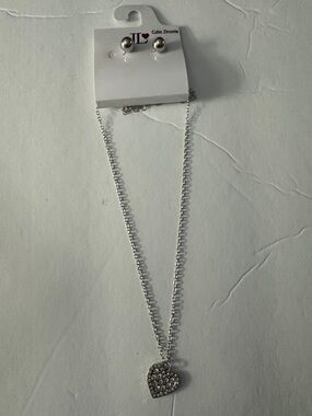 Silver Heart Pendant Necklace and Stud Earrings